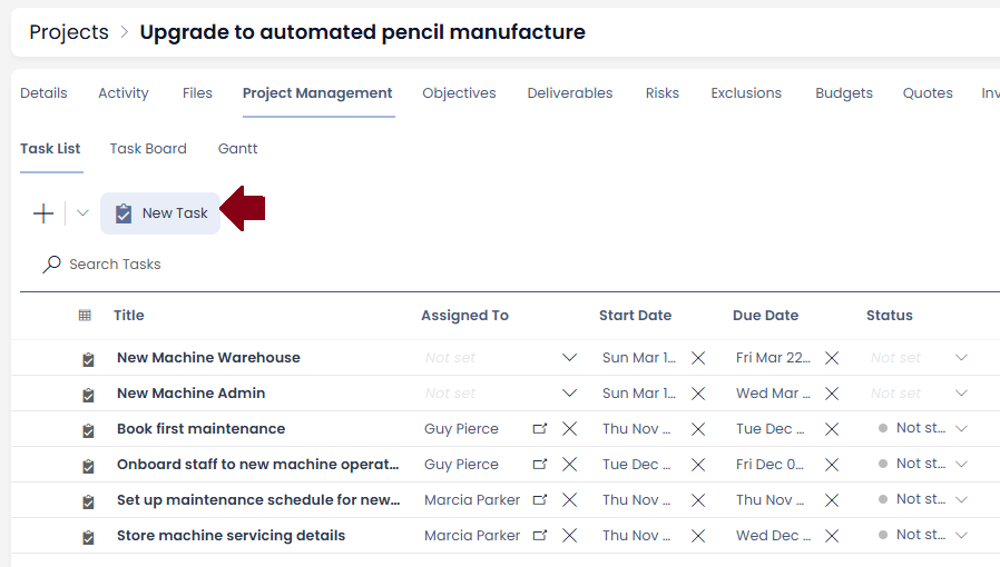 Tasks tab on a project showing some tasks and a create button